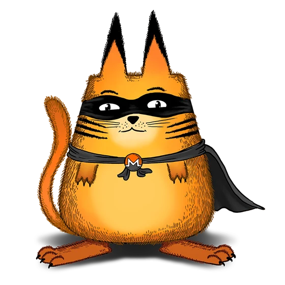 The original Monero Cat from 2014: a hand-drawn chubby orange cat in a black mask and cape, wearing the Monero badge